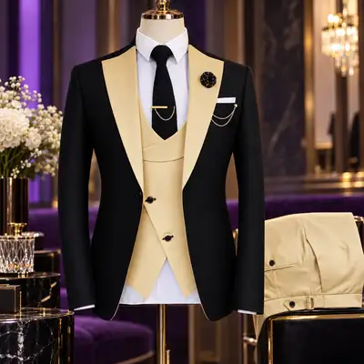 Costume 3 Pièces Bicolore Noir et Champagne - Coupe Slim Élégante
