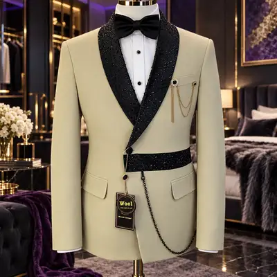 Blazer de Soirée Prestige - Col Châle Strass Noir et Crème