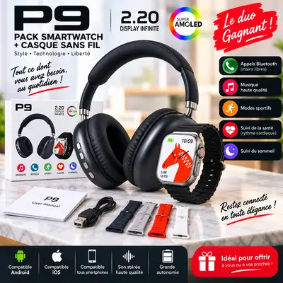 Pack P9 Smartwatch + Casque Bluetooth – Écran AMOLED 2.2"