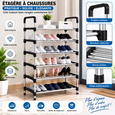 Étagère à Chaussures 6 Niveaux – Rangement Multifonction
