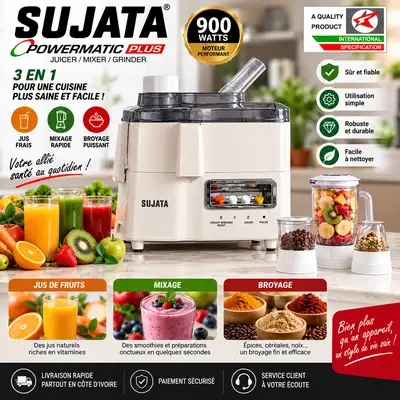 Sujata Powermatic Plus – Extracteur de Jus, Blender & Broyeur 900W
