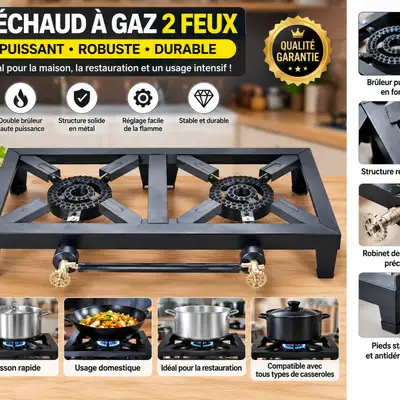 Réchaud à Gaz 2 Feux en Fonte – Puissant et Robuste