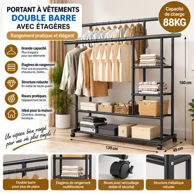 Portant à Vêtements Double Barre avec Étagères et Roulettes