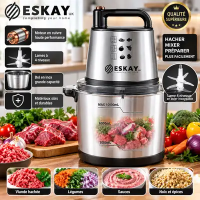 Hachoir Électrique ESKAY – 4 Lames Inox, Grande Capacité 10l
