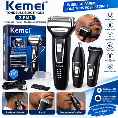 Tondeuse Électrique Kemei 3-en-1 – Rasoir & Tondeuse Nez/Or­eilles