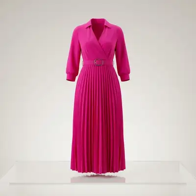 Robe Plissée Rose Fuchsia avec Ceinture Dorée