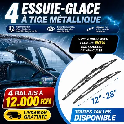 4 balais d'essuie-glaces à tige métallique